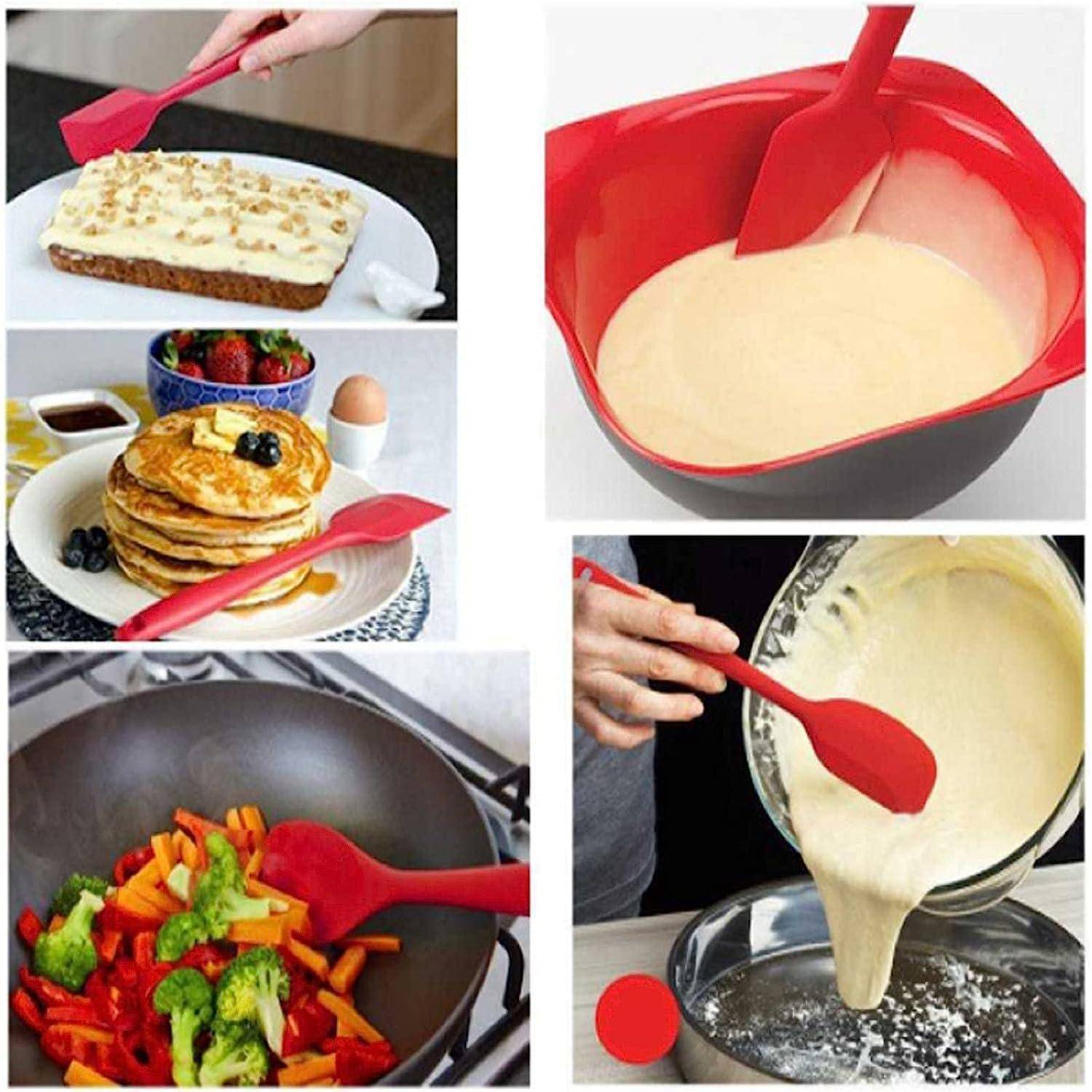 Collage mit einem roten Silikonspachtel, der zum Backen und Kochen verwendet wird: Frosting verstreichen, Teig mischen, Pfannkuchen wenden, Gemüse rühren und Teig in eine Pfanne gießen.