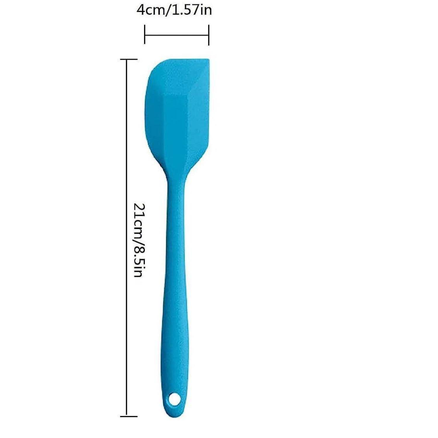 Blauer Silikonspatel mit Aufhängeloch, gezeigt mit Abmessungen von 21 cm Länge und 4 cm Breite.