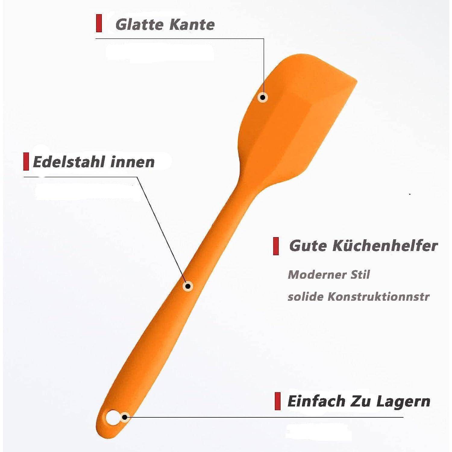 Orangeen Küchenschaber mit deutschen Beschriftungen, die die glatte Kante, den Edelstahlkern, die einfache Lagerung und das moderne robuste Design hervorheben.