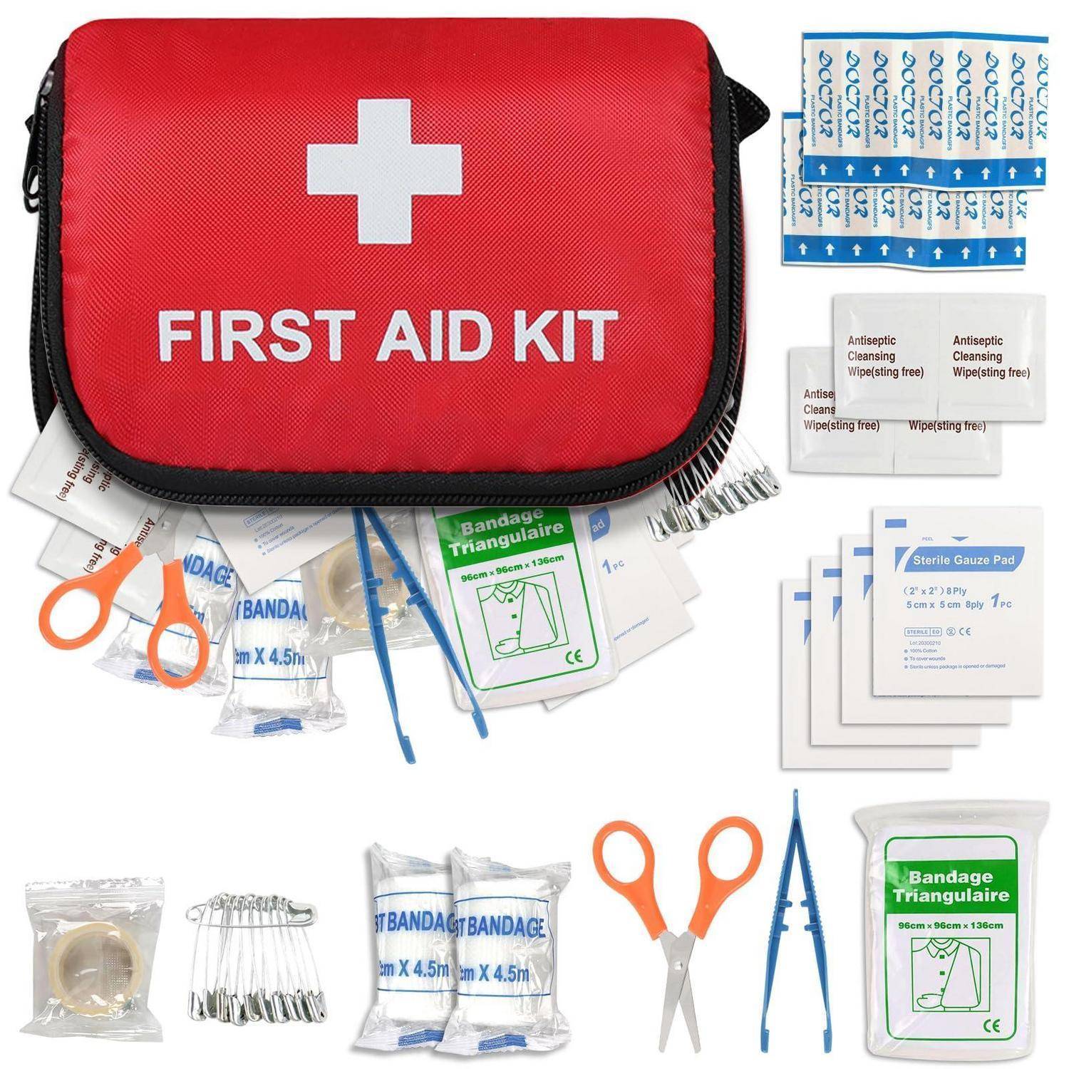 Rote Erste-Hilfe-Tasche mit weißem Kreuz und der Aufschrift „FIRST AID KIT