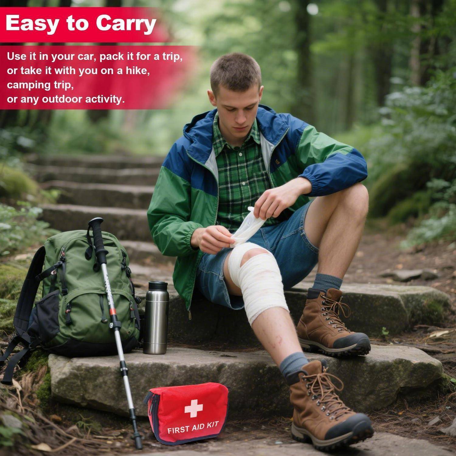 Ein Mann wickelt ein verbundenes Knie ein, während er auf Außentreppen neben einem Rucksack, Trekking-Stöcken, einer Thermoskanne und einem Erste-Hilfe-Kasten sitzt; der Text besagt „Leicht zu tragen".