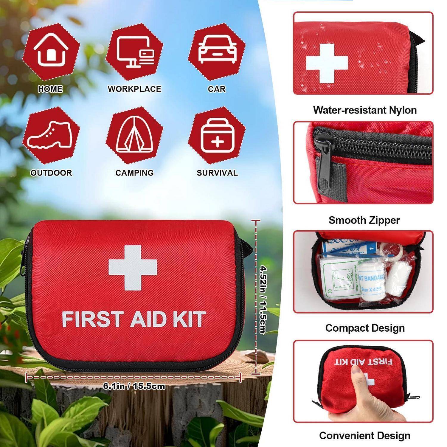 Rote Erste-Hilfe-Tasche mit weißem Kreuz und Text „FIRST AID KIT", gezeigt mit Größenabmessungen und Merkmalen: wasserfestes Nylon, glatter Reißverschluss, kompaktes und praktisches Design.