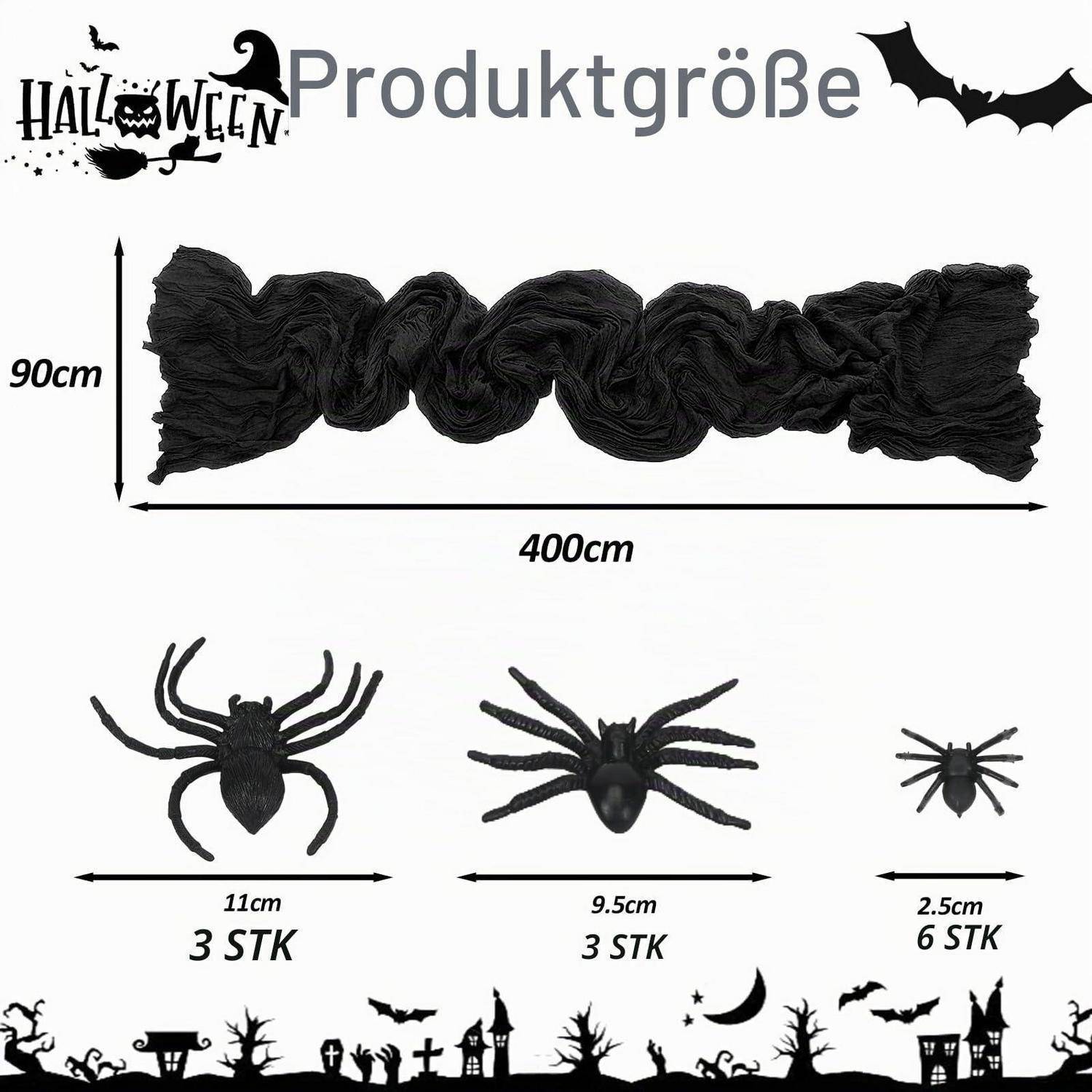 Halloween-Dekorations-Größentabelle mit schwarzem Netz von 400 cm x 90 cm und drei Spinnengrößen: 11 cm x 3, 9,5 cm x 3 und 2,5 cm x 6.