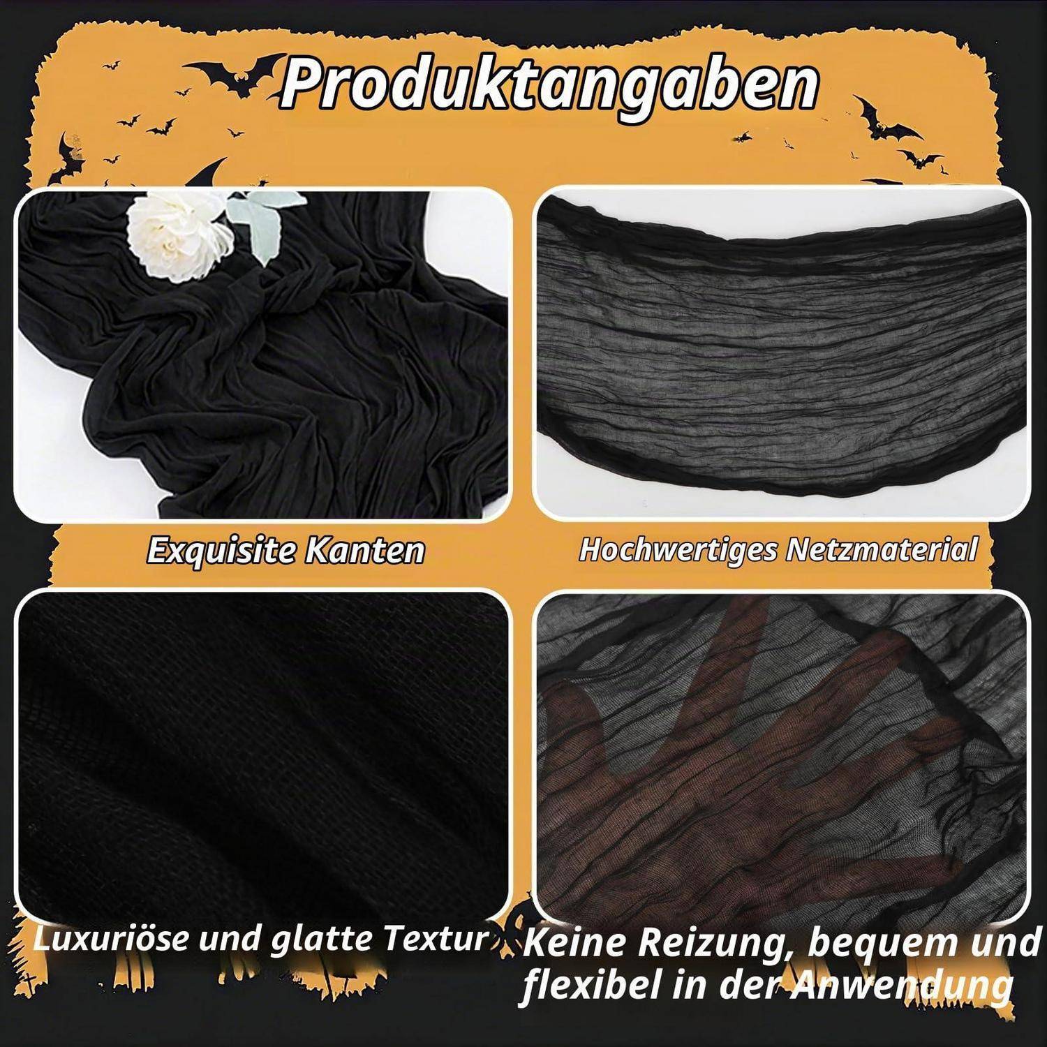 Deutsches Produktkollage aus schwarzem Maschengewebe, das Nahaufnahmen von Kanten, Struktur und Dehnbarkeit zeigt, mit Etiketten, die Qualität und Komfort hervorheben.