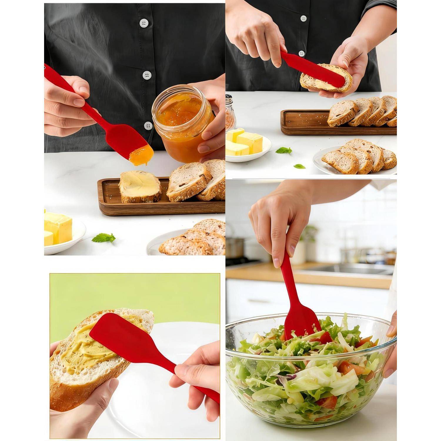 Collage aus einem roten Silikonspatel, der zum Verteilen von Marmelade und Butter auf Brot und zum Umwenden von Salat in einer Glasschüssel verwendet wird.