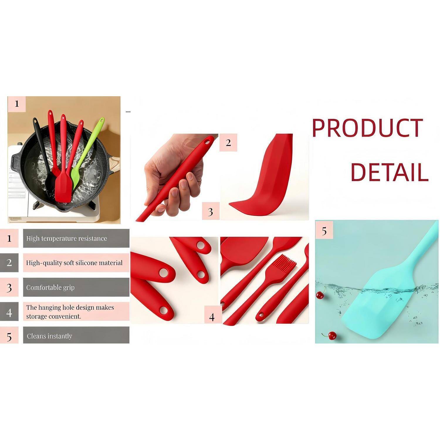 Produktdetail-Collage eines roten Silikonspachtels: hitzebeständig, ergonomischer Griff, Aufhängeloch, leicht zu reinigen, gezeigt in Verwendung und Nahaufnahmen.