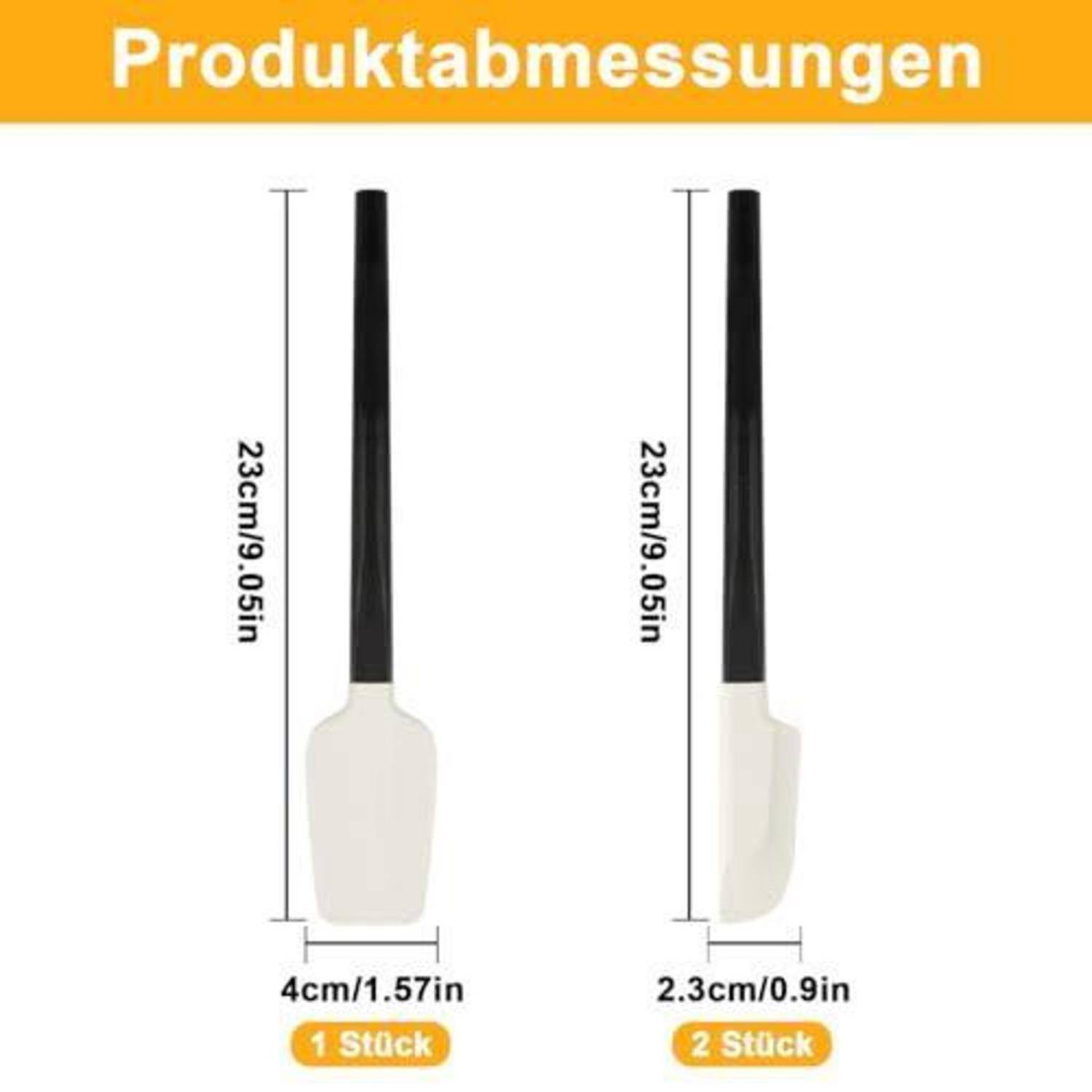 Produktgrößendiagramm mit zwei Küchenspachtel, jeweils 23 cm groß; einer ist 4 cm breit und 1,57 Zoll, der andere 2,3 cm breit und 0,9 Zoll.