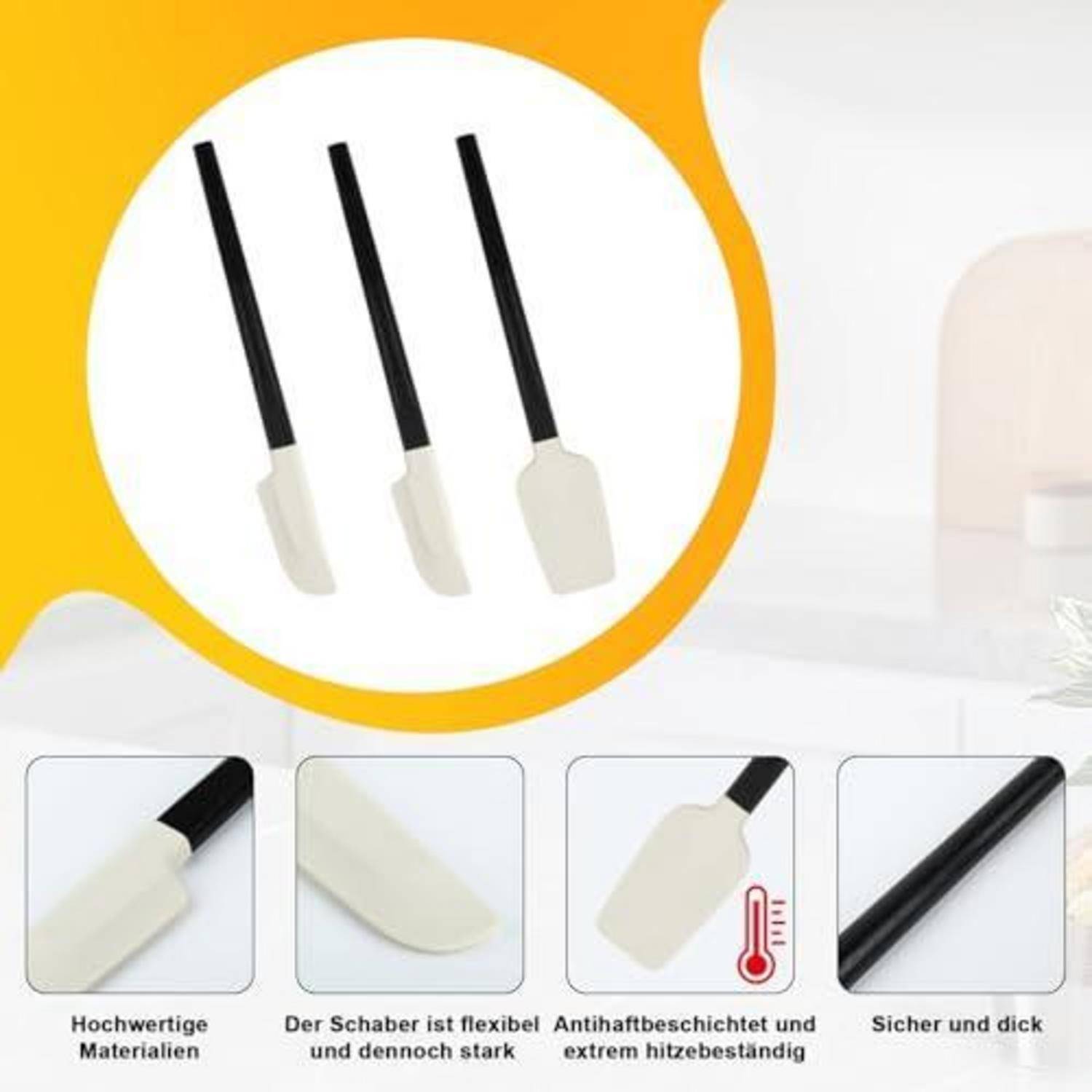 Drei schwarze Silikon-Spatel mit Griff in einer Produktanzeige gezeigt, mit Nahaufnahmen, die flexible, hitzebeständige, antihaftbeschichtete Köpfe hervorheben.