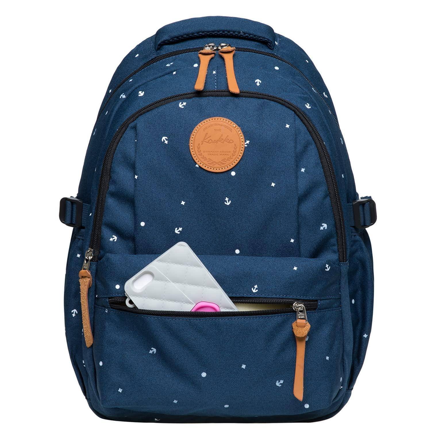 Marineblaue Rucksack mit weißem Ankermuster, vordere Reißverschlusstasche, Leder-Logo-Patch und ein sichtbares Telefon in der offenen Tasche.