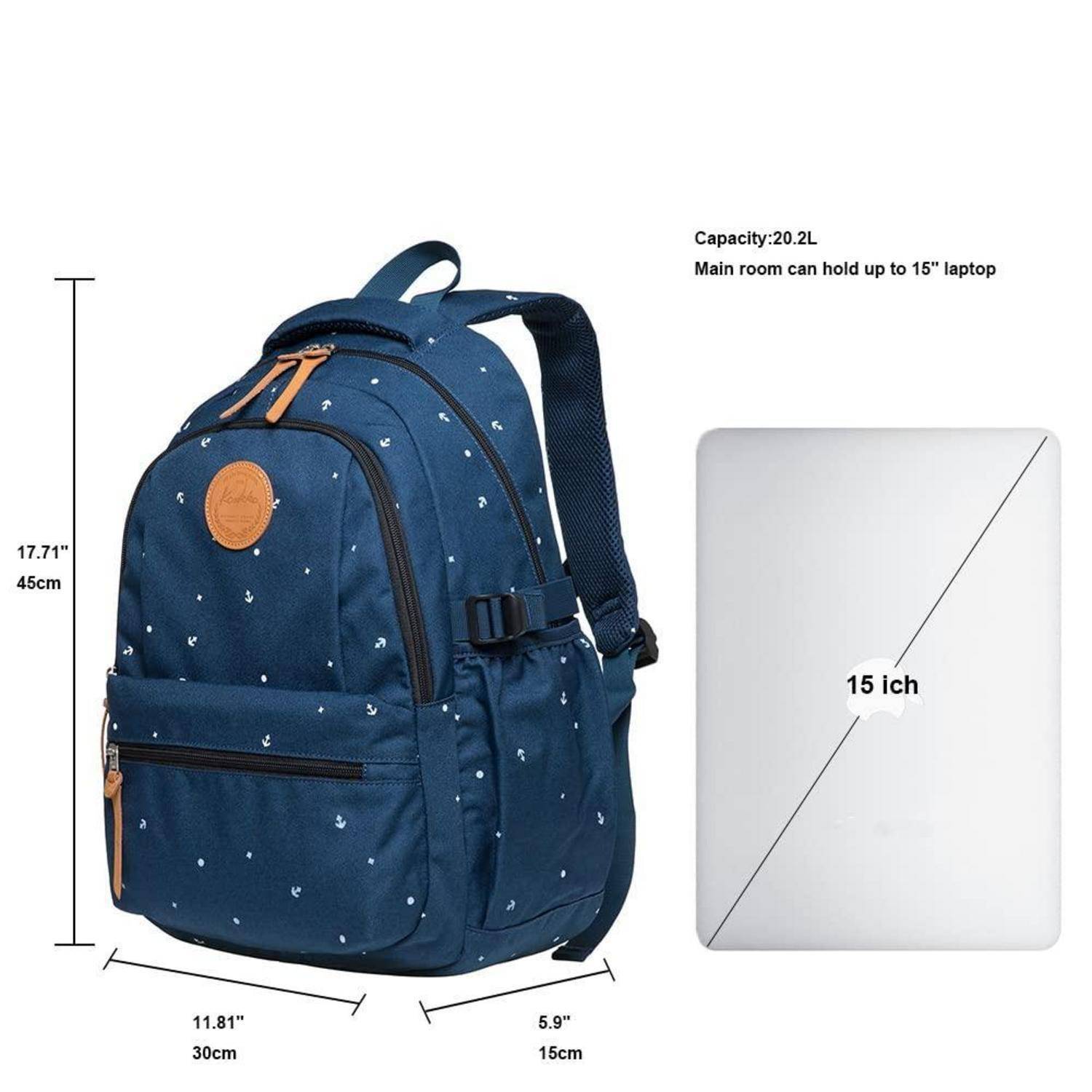 Blauer Rucksack mit den Abmessungen 17,7 x 11,8 x 5,9 Zoll, Fassungsvermögen von 20,2 L und Hauptfach für einen 15-Zoll-Laptop geeignet.