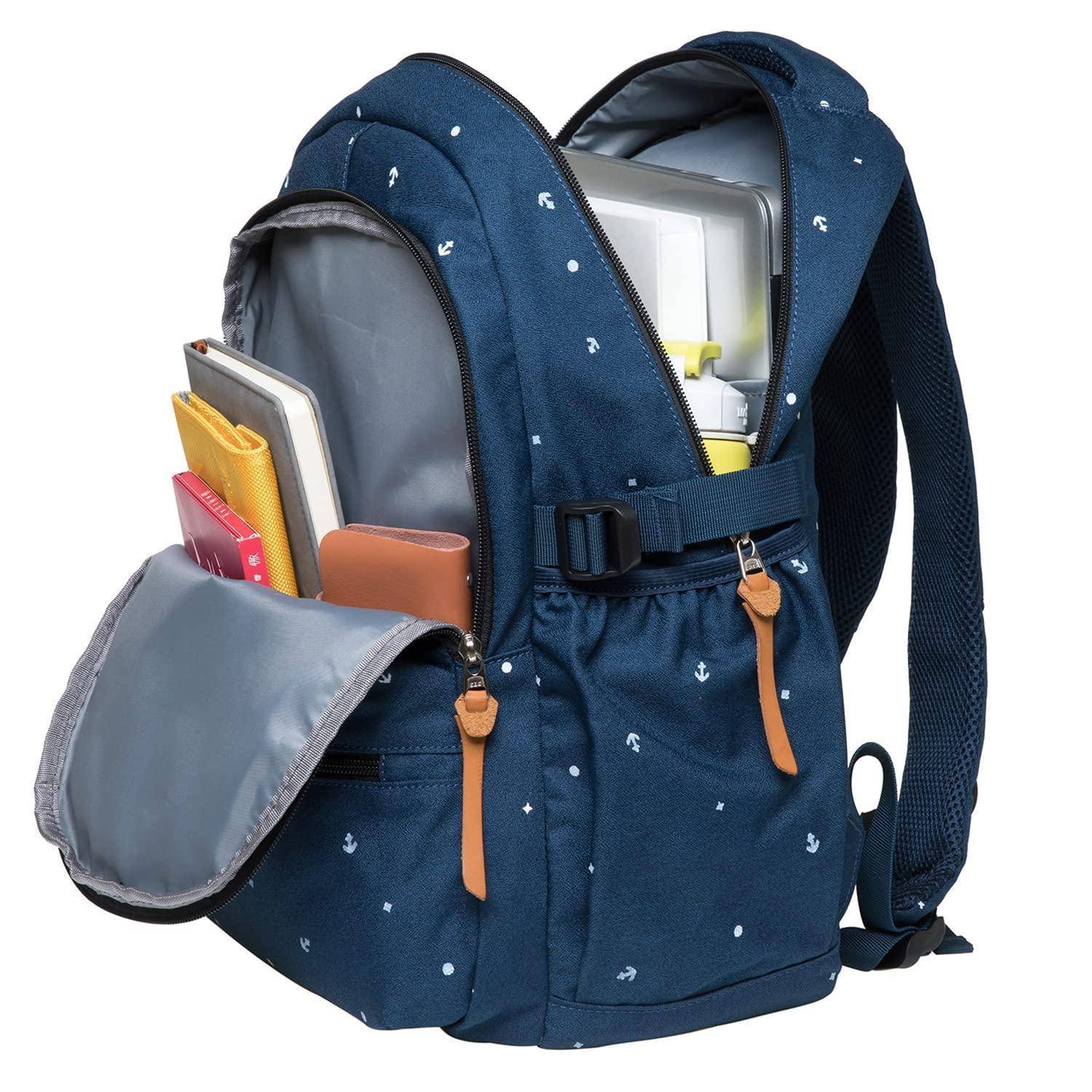 Marineblauer Rucksack mit mehreren Taschen, fasst Bücher, ein Tablet oder Laptop und eine Wasserflasche.