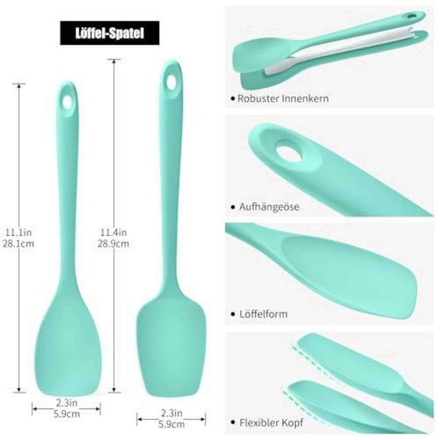 Produktdiagramm eines türkisfarbenen Löffel-Spatels mit der Beschriftung 'Löffel-Spatel', mit den Abmessungen 11,1 und 11,4 Zoll, mit folgenden Eigenschaften: robuster Innenkern, Aufhängeschlaufe, Löffelform, flexibler Kopf.