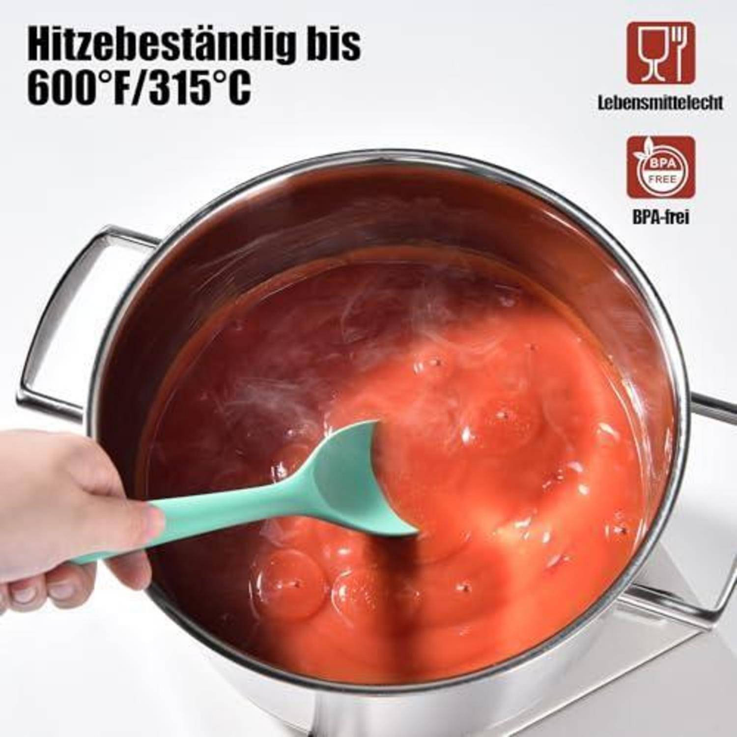 Hand hält ein mintgrünes Küchengerät, das in heißer Suppe in einem Metalltopf rührt; Text besagt „Hitzebeständig bis zu 600°F/315°C