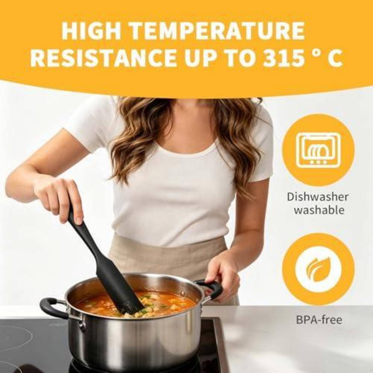 Werbebild einer Frau, die Lebensmittel in einem Edelstahltopf mit einem schwarzen Utensil umrührt; der Text besagt: „Hitzebeständigkeit bis 315°C