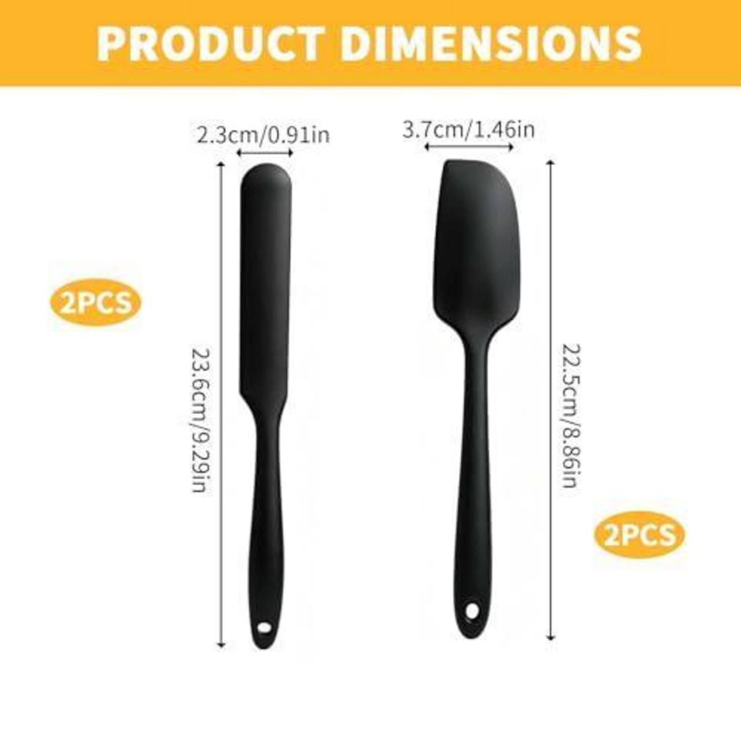 Produktdimensionen-Grafik mit zwei schwarzen Spachteln, jeweils mit der Bezeichnung 2 STÜCK: linkes Werkzeug 23,6 cm/9,29 Zoll lang und 2,3 cm/0,91 Zoll breit; rechtes Werkzeug 22,5 cm/8,86 Zoll lang und 3,7 cm/1,46 Zoll breit.