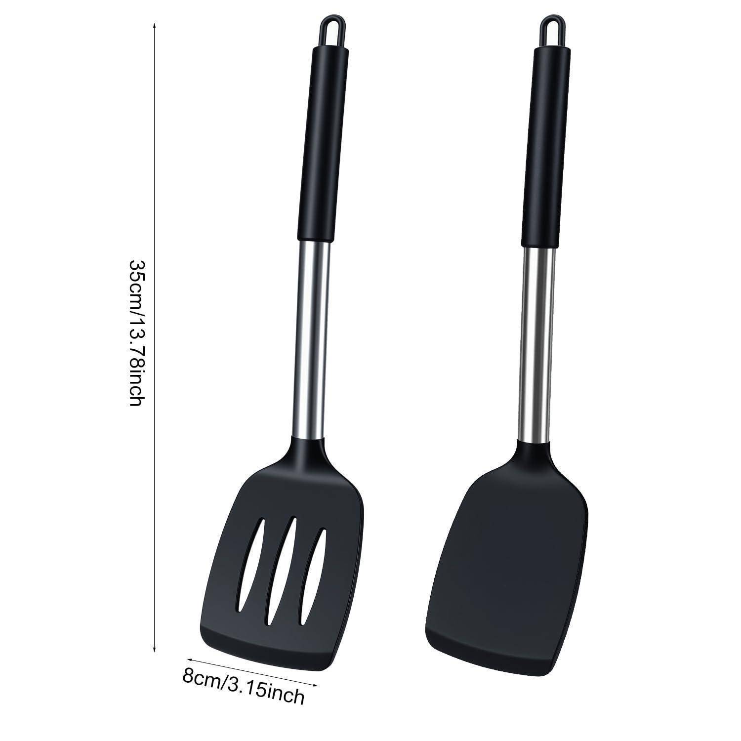 Zwei schwarze Silikonspachteln, von vorne und hinten gezeigt, mit Größenetikett 35 cm (13,78 Zoll) hoch und 8 cm (3,15 Zoll) breit.