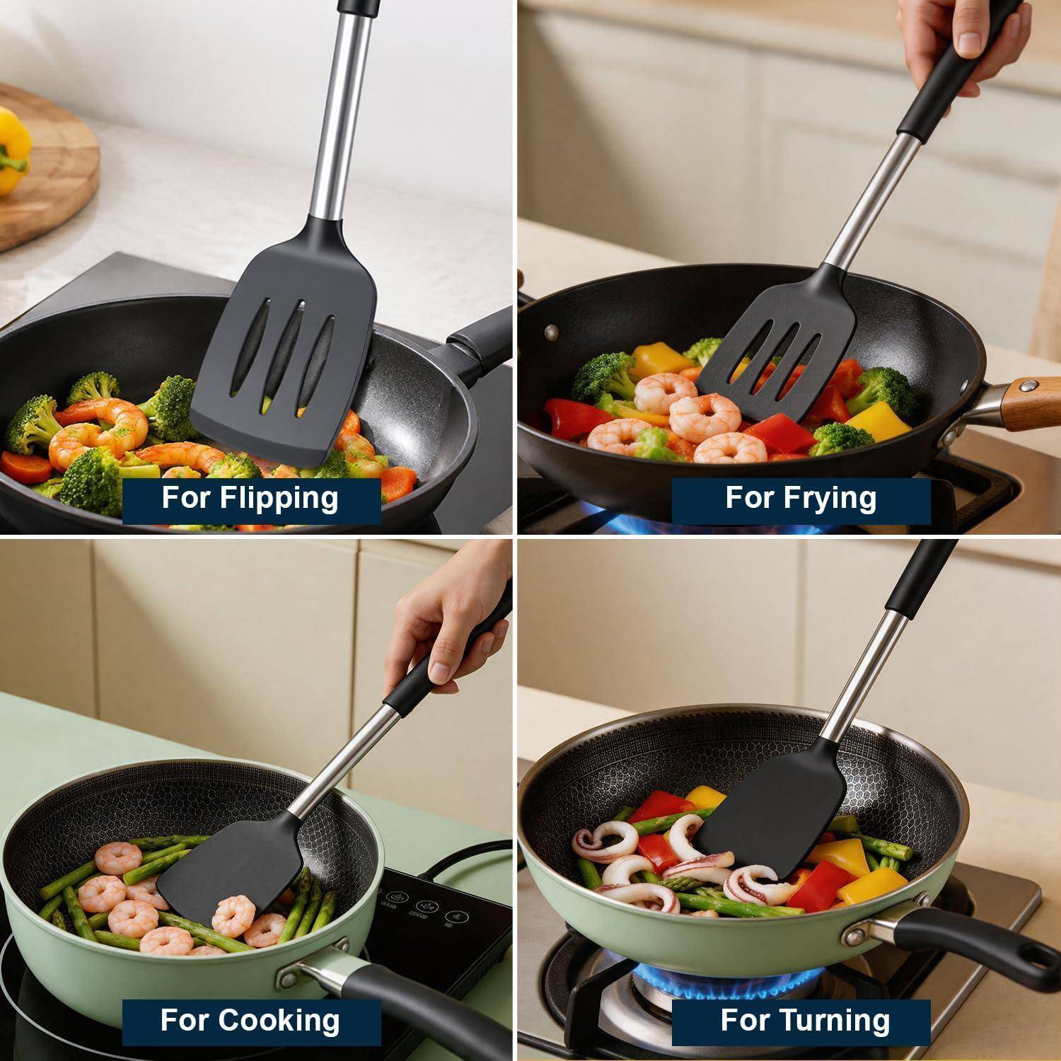 Vierfeld-Kochgeschirr-Werbung, die einen schwarzen Spatel zeigt, der zum Wenden, Braten, Kochen und Umrühren von Gemüse und Garnelen in Pfannen verwendet wird.