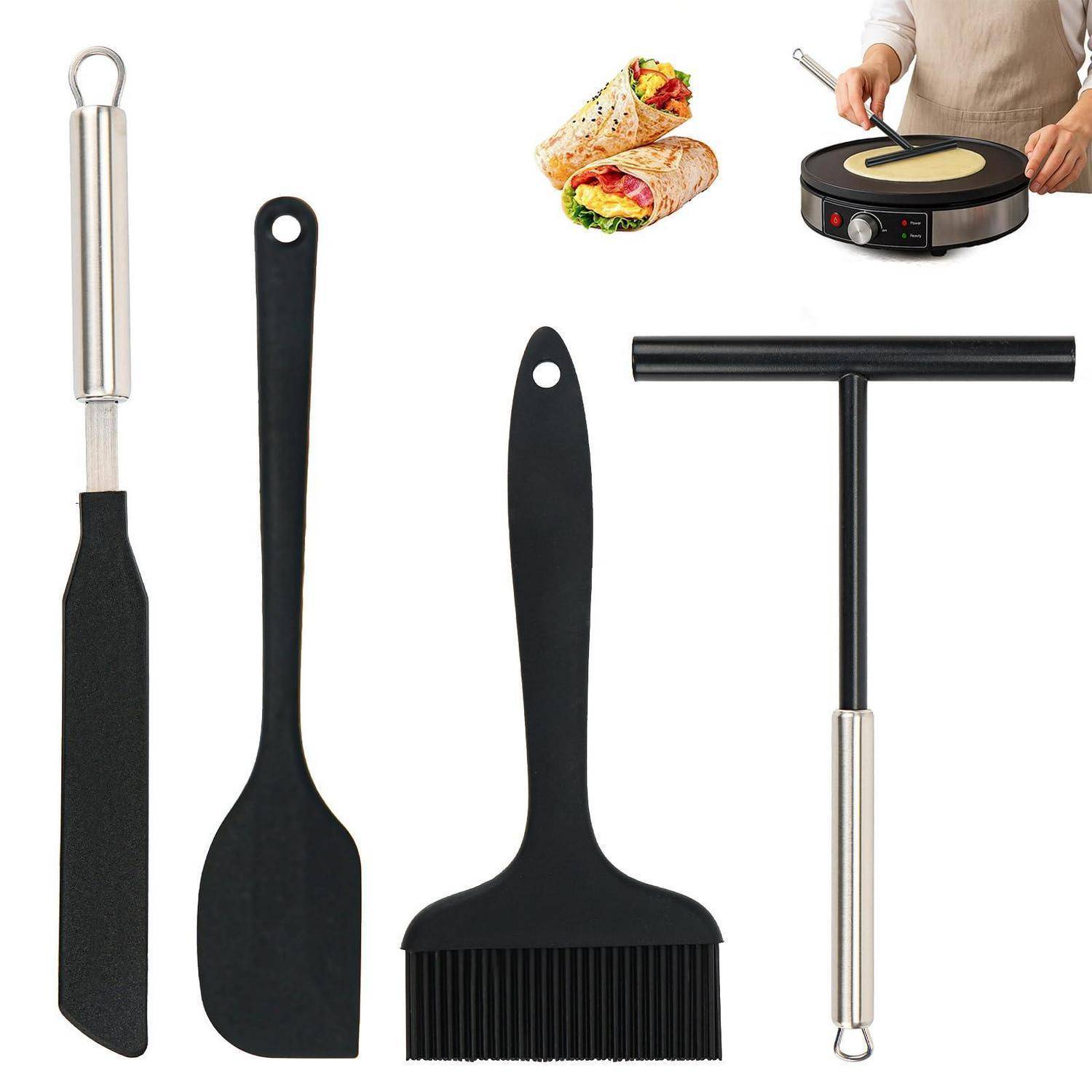 Satz von Kochutensilien zum Herstellen von Wraps und Pfannkuchen: Spachtel, Löffel, Backpinsel und T-förmiger Spachtel, mit Beispielen für Wrap- und Crêpe-Hersteller.