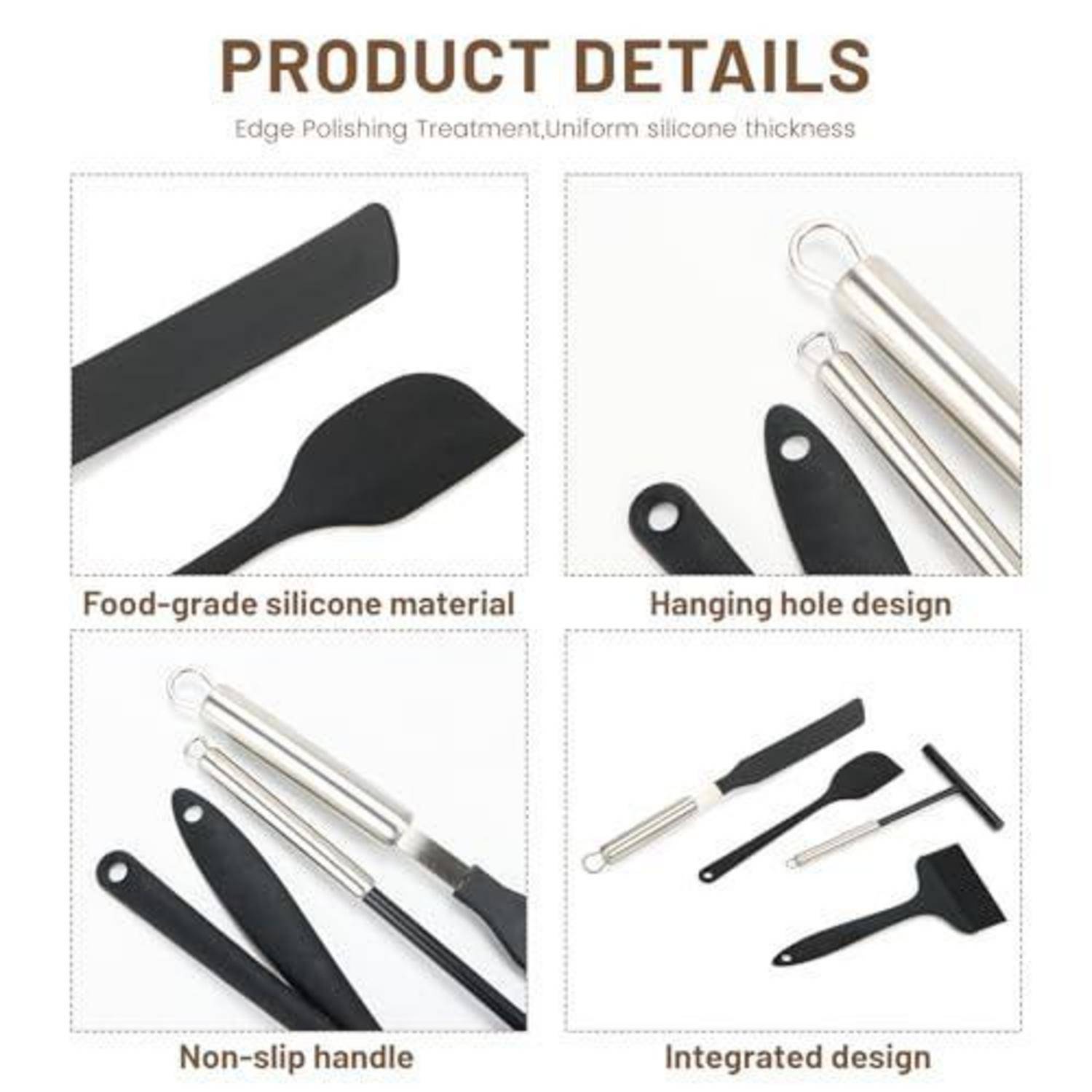 Produktdetail-Grafik mit Silikonküchenutensilien mit Kantenschleifung, Aufhängelöchern, rutschfesten Griffen und integriertem Design.