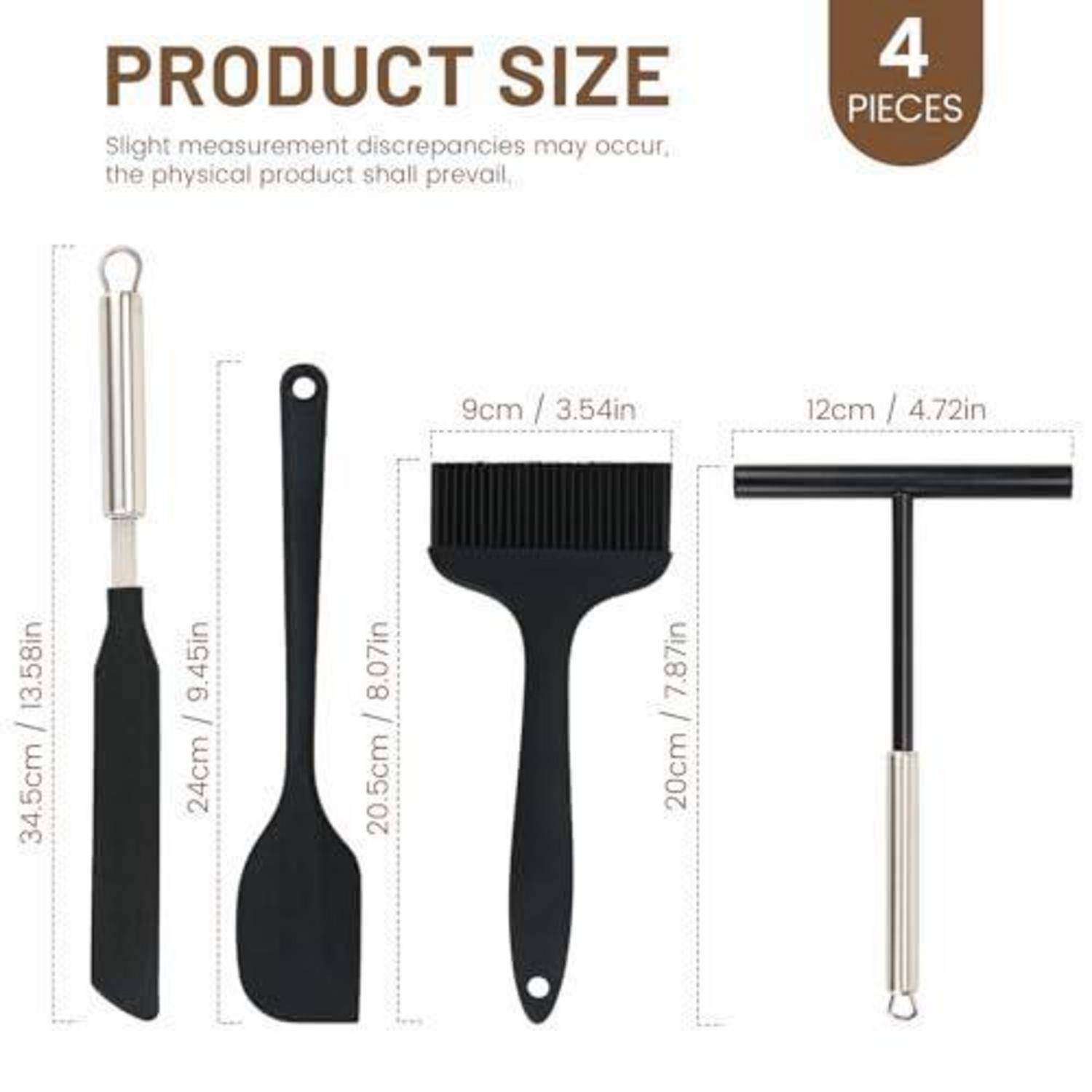 Produktgrößentabelle mit 4 Küchengeräten und Abmessungen: Messer 34,5 cm, Spatel 24 cm, Bürste 20,5 cm und Rakel 20 cm breit bei 12 cm Griff.
