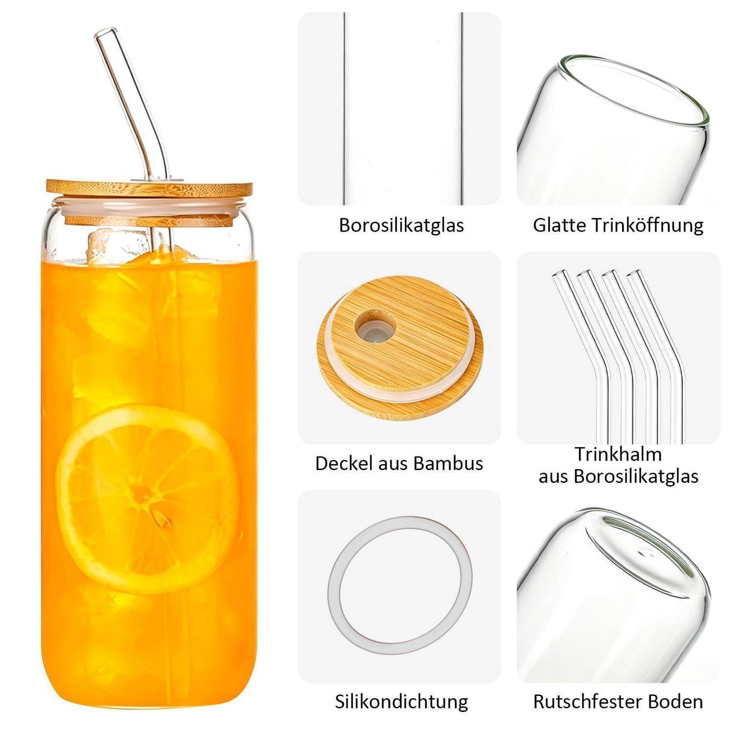 Abbildung eines wiederverwendbaren Glastrinkglases mit Bambusdeckel und Glasstrohhalm, plus beschriftete Detailausschnitte für Borosilikatglas, glatte Trinköffnung, Silikonabdichtung und rutschfester Boden.