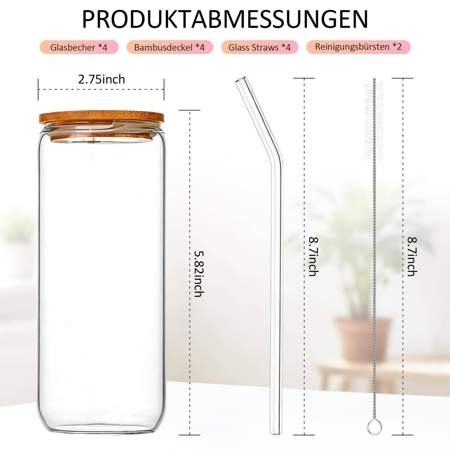 Produktdimensionen-Infografik mit einem Glasspeicherglas, Bambusdeckel, Glashalm und Reinigungsbürste mit Maßen: Glas 2,75 Zoll breit, 5,82 Zoll hoch; Halm und Bürste 8,7 Zoll hoch.