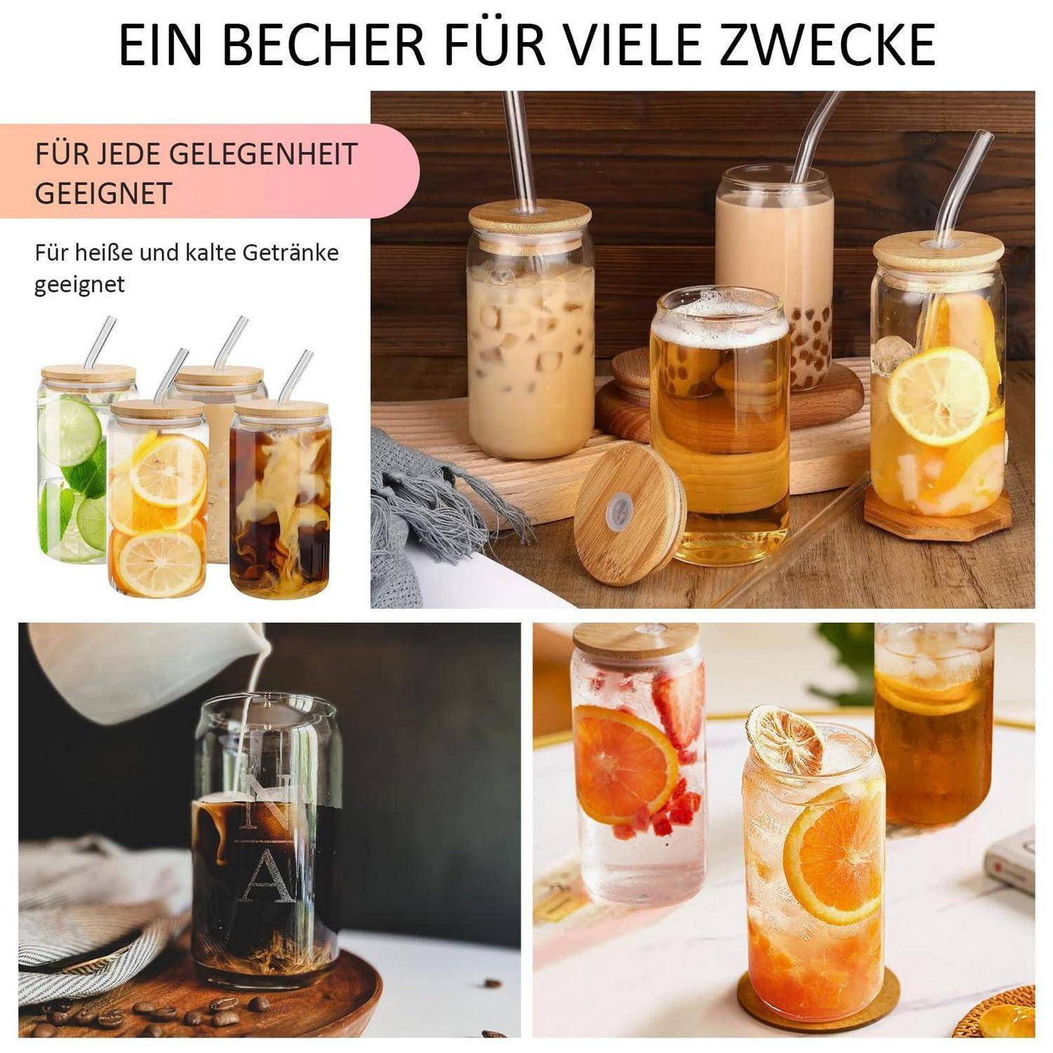 Collage von Glasbechern mit Deckel und Strohhalmen, die denselben wiederverwendbaren Becher für heiße und kalte Getränke zeigen, einschließlich Eiskaffee, Tee und Fruchtgetränke.