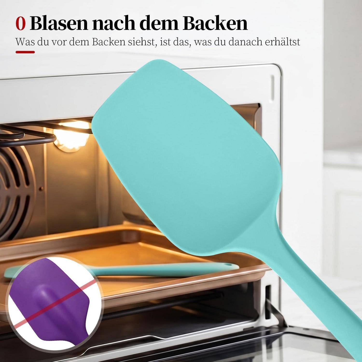 Abbildung eines türkisfarbenen Spatels in einem Ofen, mit einer vergrößerten Einfügung, die einen durchgestrichenen violetten Backballon zeigt; der deutsche Text sagt „0 Blasen nach dem Backen