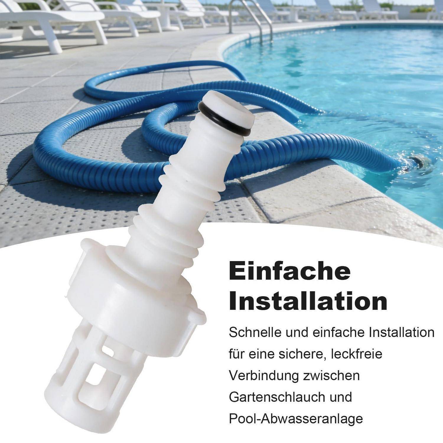 Poolseitiges Bild, das einen weißen Schlauchanschluss und einen blauen Vakuumschlauch zeigt; der deutsche Text sagt „Einfache Installation