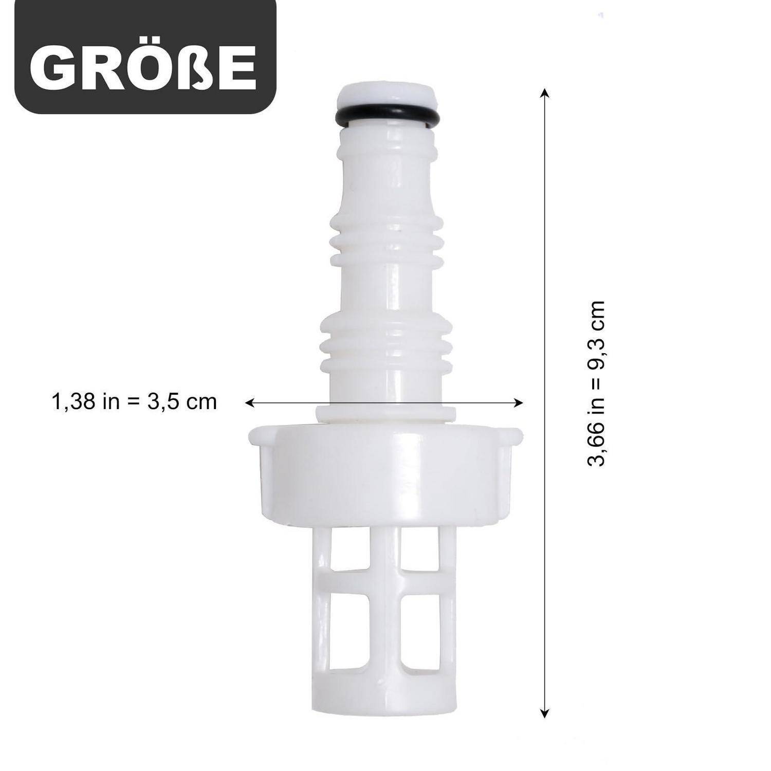Weißer Kunststoffflaschendeckel-Filter mit der Bezeichnung 'GRÖßE' und angezeigten Abmessungen: 3,66 Zoll (9,3 cm) hoch und 1,38 Zoll (3,5 cm) breit.