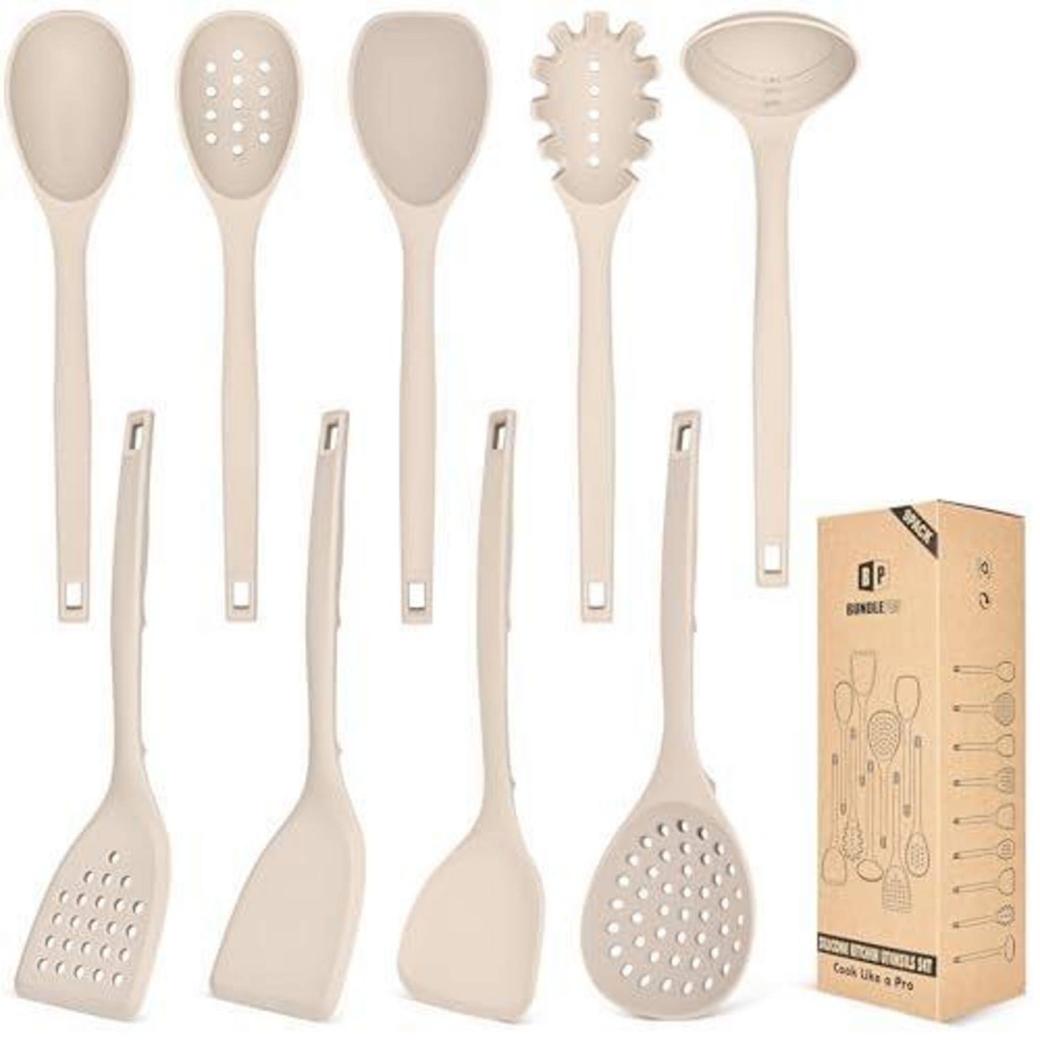 Beigefarbenes Silikonküchenbesteck-Set mit verschiedenen Löffeln und Spachteln, plus Produktkartonverpackung.