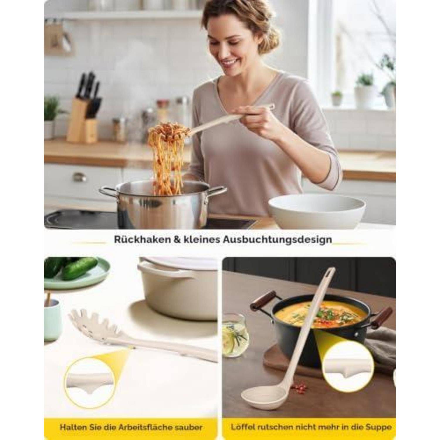 Frau serviert Pasta aus einem Topf mit einem Löffel; Detailbilder zeigen ein Schöpflöffel-/Löffeldesign mit rückwärtigem Haken, kleiner Ausgießöffnung und rutschfester Ablage für saubere Arbeitsplatten und Suppenservice.