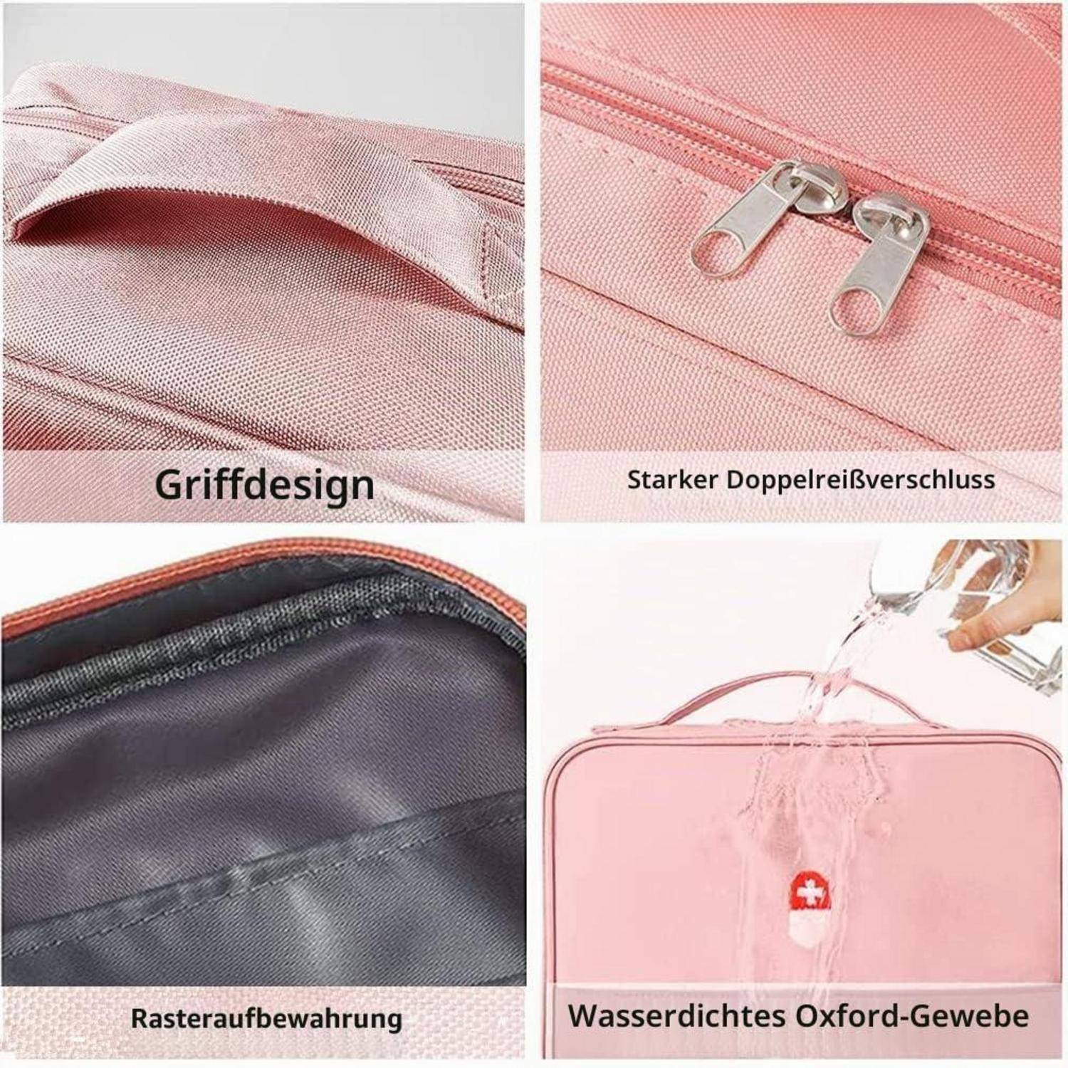 Vierteiliges Bild mit einer rosa Oxfordstoffe-Reisetasche mit Griff, doppelten Reißverschlüssen, innerem Stauraum und wasserdichtem Material, auf das Wasser gegossen wird.