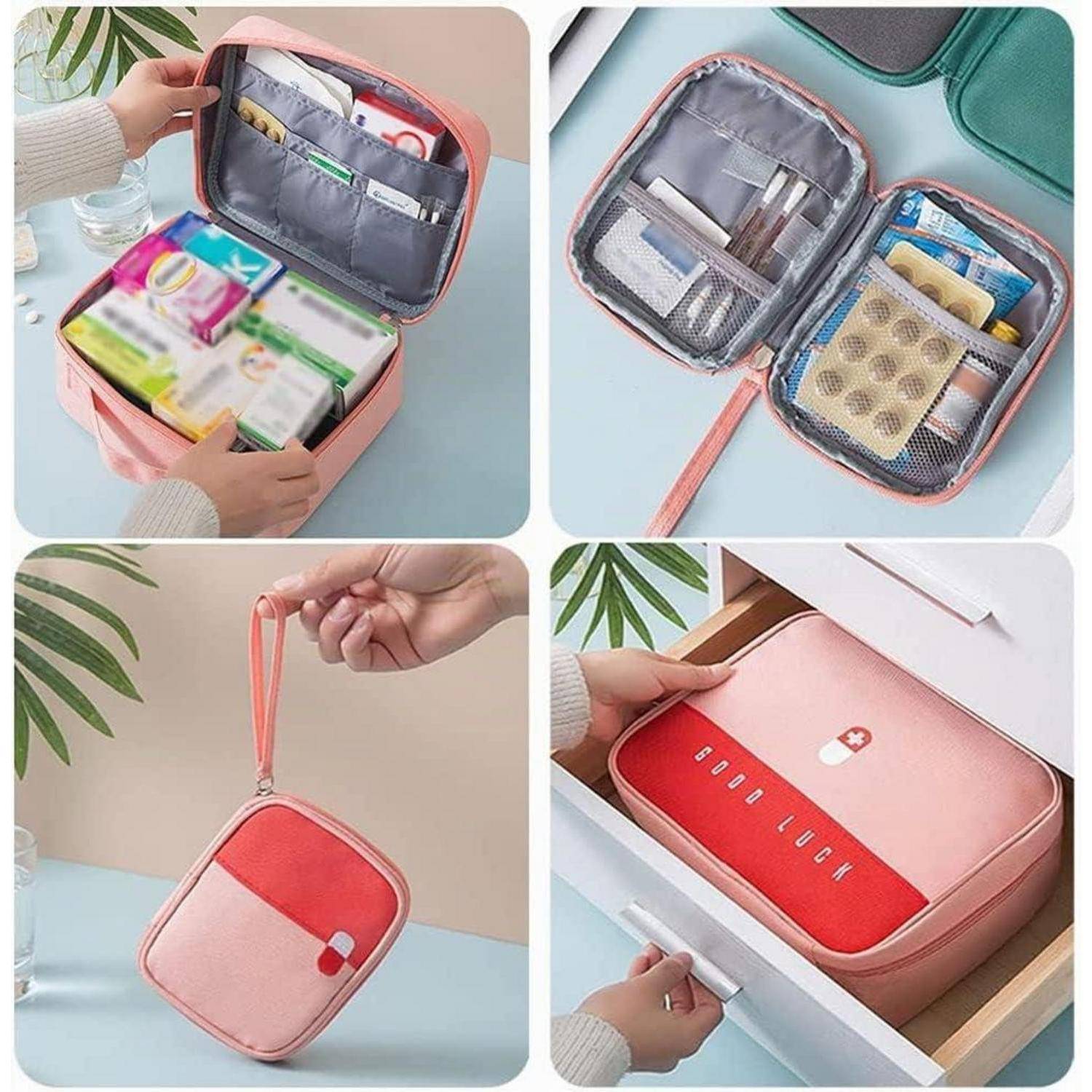Collage einer rosa tragbaren Organizer-Tasche mit Reißverschlussfächern für Medikamente und kleine Gegenstände, offen gezeigt, mit Handgelenkschlaufe getragen und in einer Schublade verstaut.