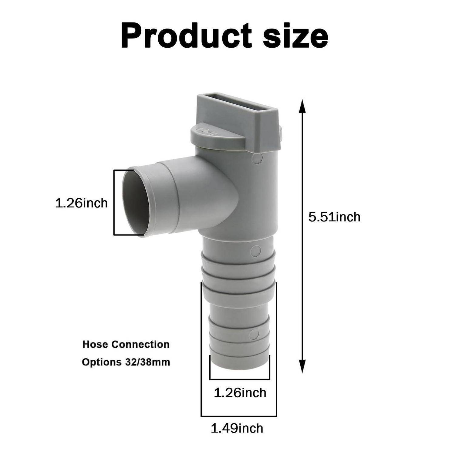 Produktgrößendiagramm eines grauen Schlauchanschlusses mit einer Höhe von 5,51 Zoll, einer Seitenöffnung von 1,26 Zoll und einer Basis von 1,49 Zoll; Schlauchverbindungsoptionen 32/38 mm.