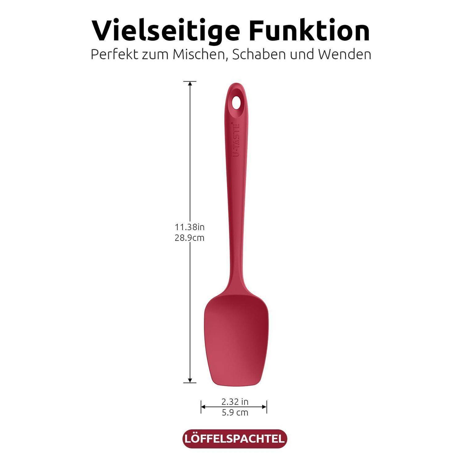 Roter Silikonspatel mit der Beschriftung „LOFFELSAPTEL