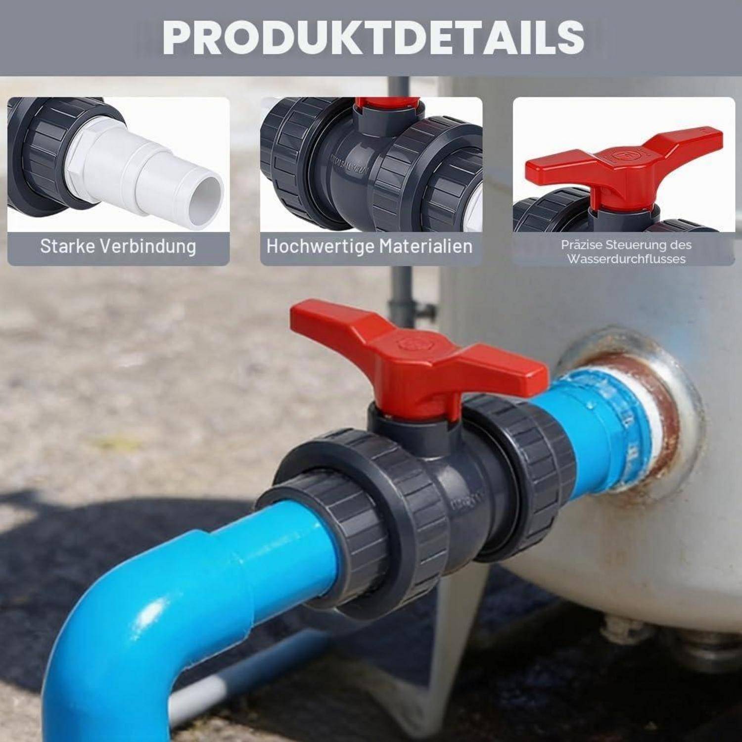 Illustration eines Ventils an blauer Rohrleitungsanlage, die mit einem Tank verbunden ist, mit der Bezeichnung „PRODUKTDETAILS