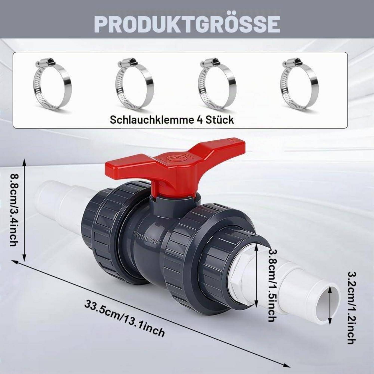 Produktgrößendiagramm eines Schlauchventils mit rotem Griff und zwei Gewindeenden, zeigt 4 enthaltene Schlauchschellen und Abmessungen: 33,5 cm lang, 8,8 cm hoch, 3,8 cm und 3,2 cm Öffnungsdurchmesser.