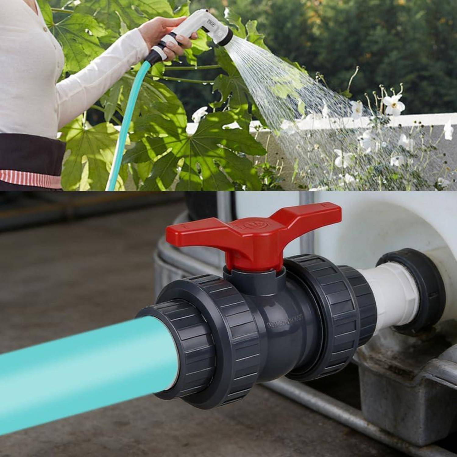 Geteiltes Bild, das das Gießen eines Gartens mit einer Schlauchspritze und ein schwarzes PVC-Kugelventil mit rotem Griff zeigt, das den Wasserdurchfluss regelt.