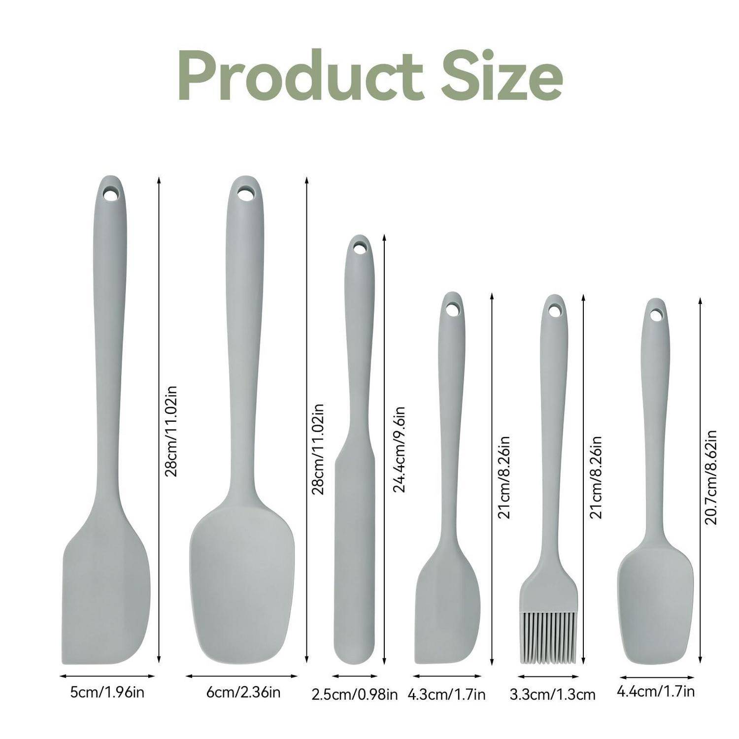 Produktgrößentabelle mit sechs grauen Küchengeräten mit beschrifteten Abmessungen von 28 cm/11,02 Zoll bis 20,7 cm/8,62 Zoll; Breiten reichen von 2,5 cm bis 6 cm.