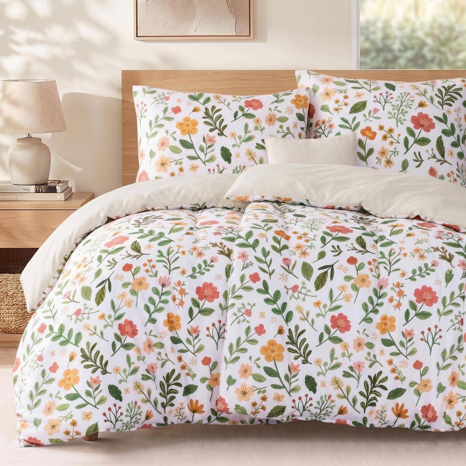 Weiße Bettwäsche mit Blumenmuster auf einem gemachten Bett, mit passenden Kissen und Bettdecke in einem hellen Schlafzimmer.