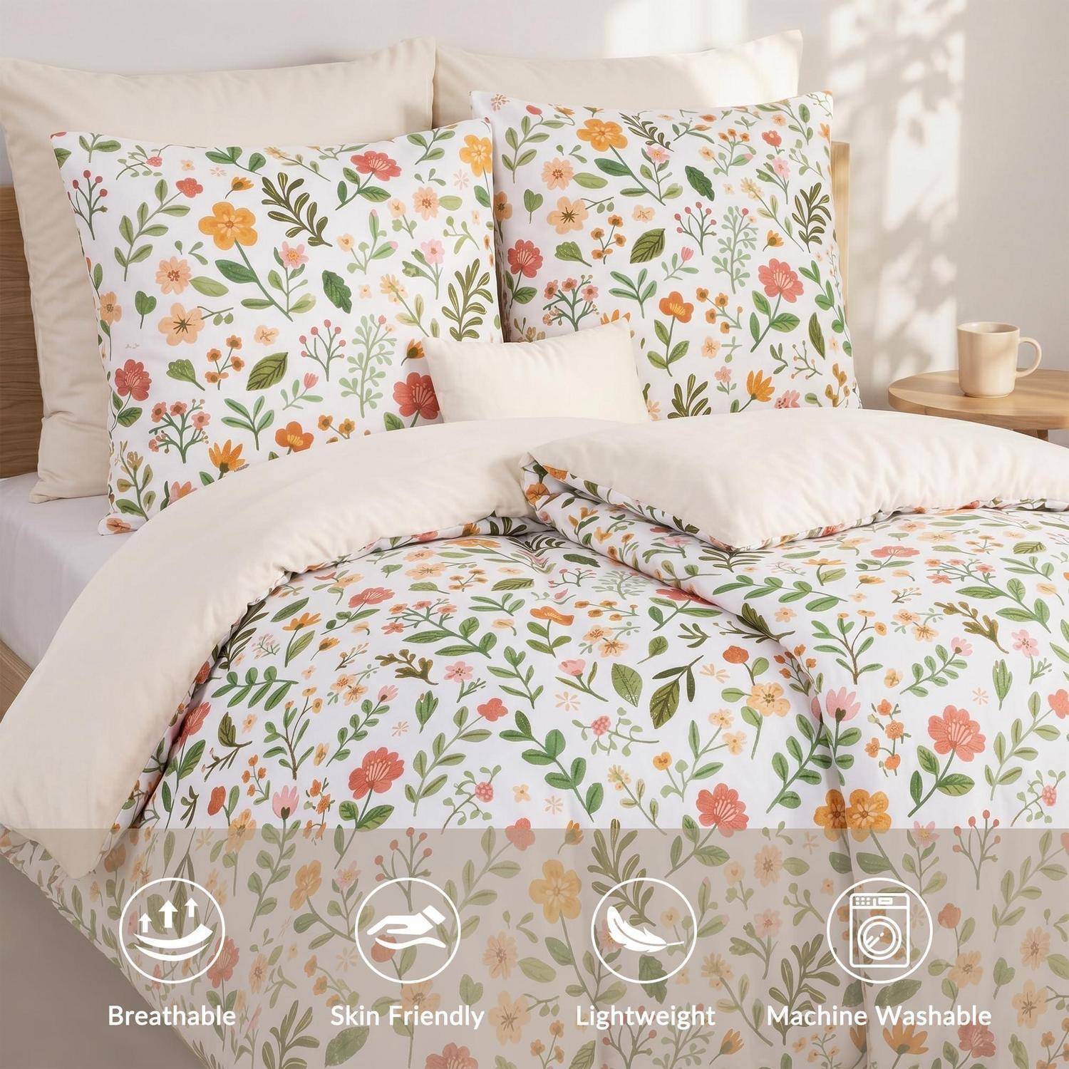 Floral-Bettwäscheset mit weißer Bettdecke und Kissenbezügen in orange-, grün- und rosafarbenem Druck; mit Etiketten für atmungsaktiv, hautfreundlich, leicht und maschinenwäschbar.