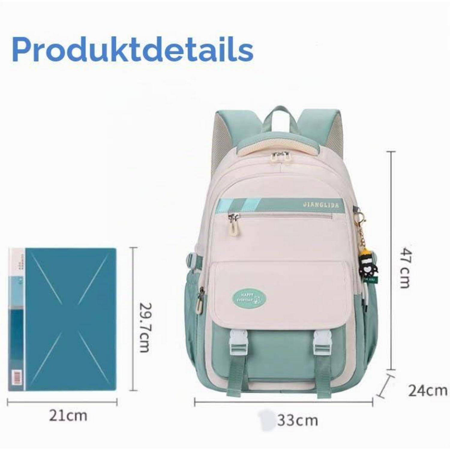 Produktdetailbild, das einen pastellfarbenen Rucksack mit den Abmessungen 47 cm Höhe, 33 cm Breite, 24 cm Tiefe zeigt, neben einem 21 cm mal 29,7 cm großen Buch zur Größenreferenz.