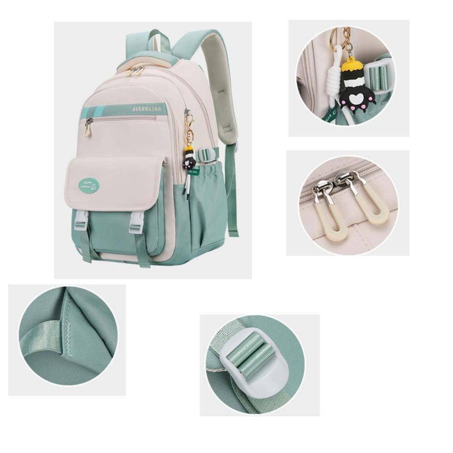 Minz- und beigefarbener Rucksack mit mehreren Taschen und hängenden Anhängern, gezeigt mit Nahaufnahmen von Reißverschlüssen, Clips und Riemendetails.