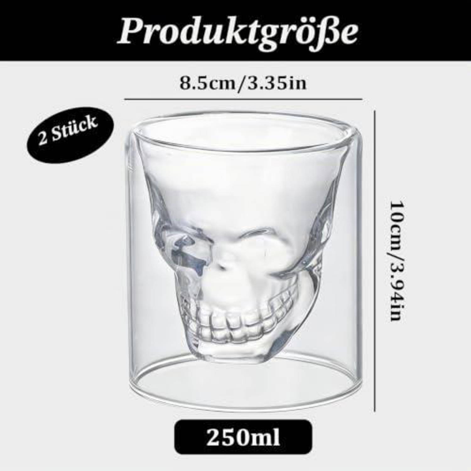 Produktgrößengrafik für ein schädelförmiges klares Glas: 8,5 cm breit, 10 cm hoch, 250 ml, verkauft als 2er-Set.