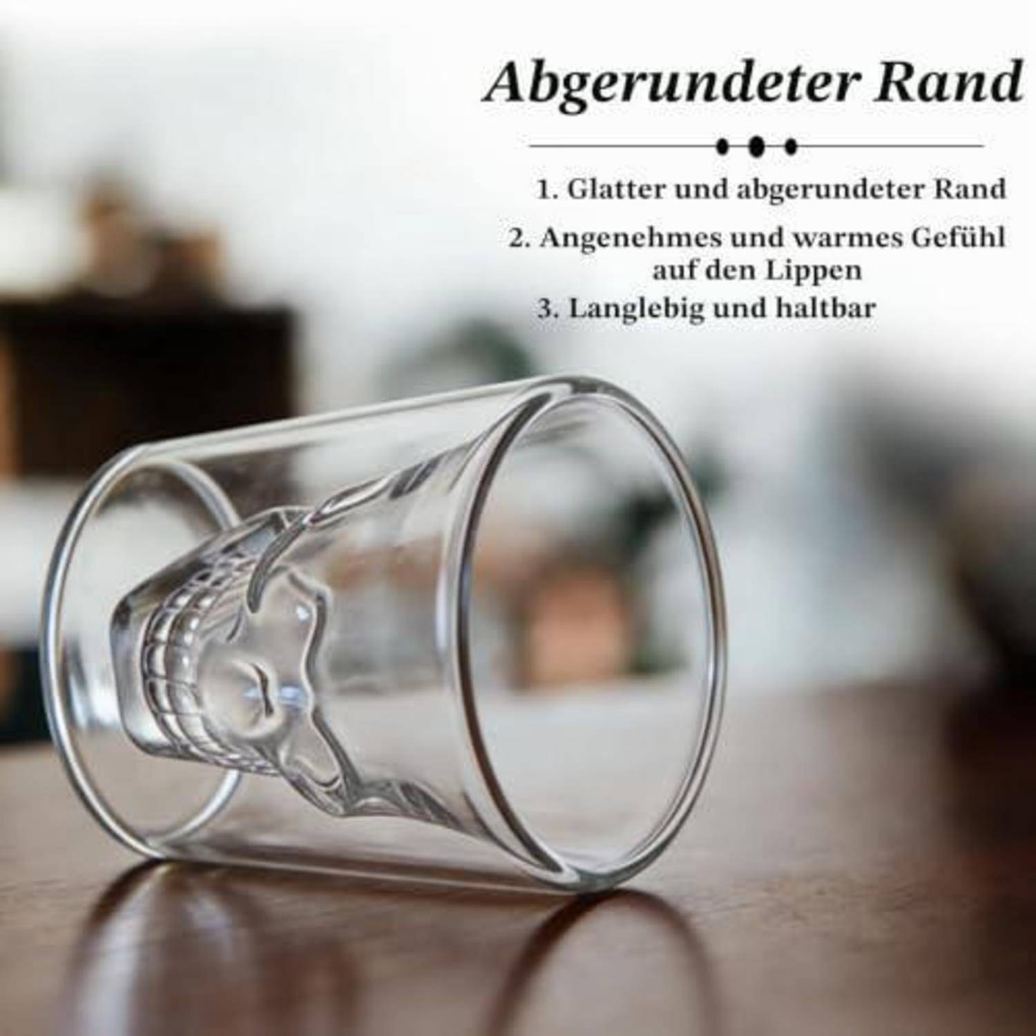 Transparentes Glas mit abgerundetem Rand, mit der Bezeichnung auf Deutsch „Abgerundeter Rand"; weist auf Komfort für die Lippen und Haltbarkeit hin.