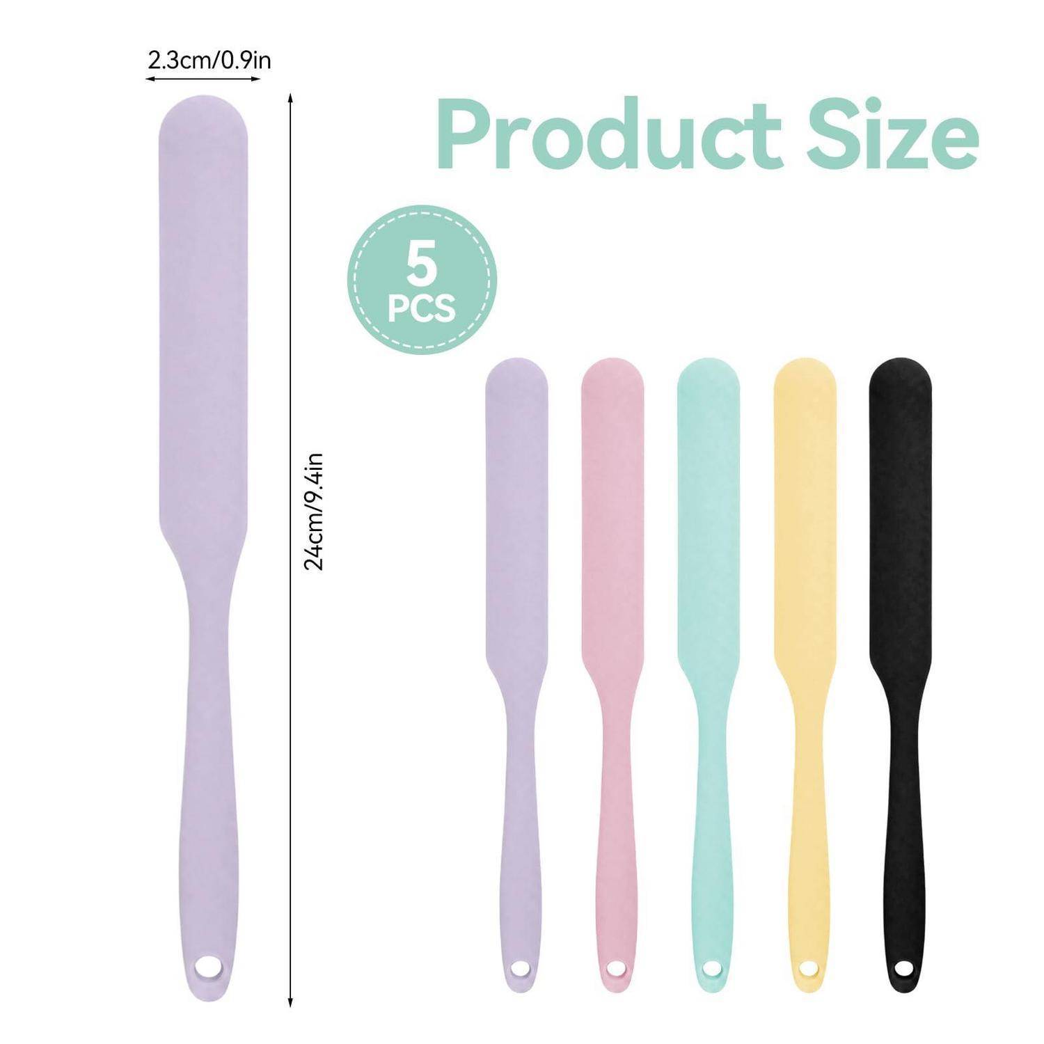 Größentabelle des Produkts mit einem 24 cm × 2,3 cm großen Werkzeug in Schaufelform, erhältlich als 5-teiliges Set in Lila, Rosa, Mint, Gelb und Schwarz.