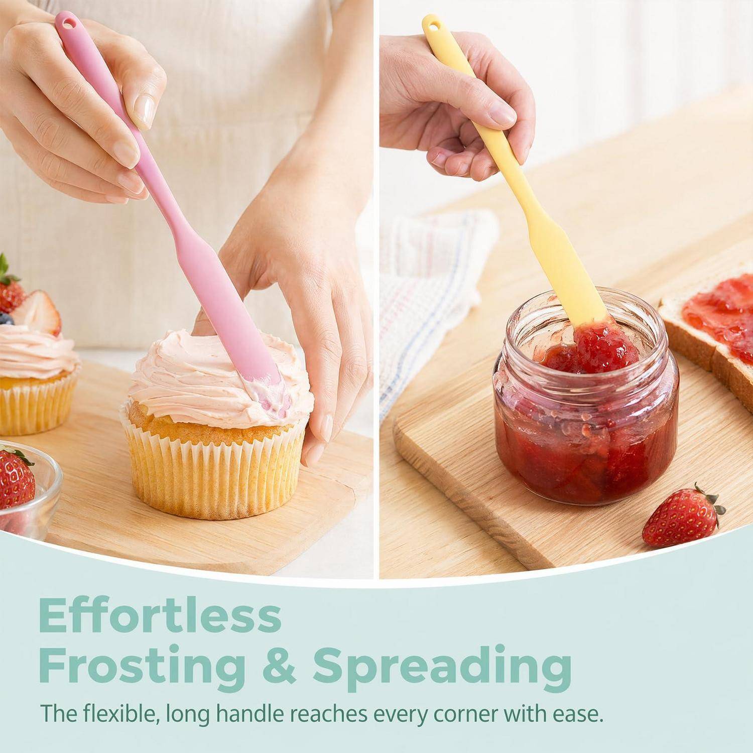 Werbebild mit einem flexiblen Spatel, der einen Cupcake mit Glasur verziert und Marmelade in einem Glas verteilt, mit dem Text: „Mühelose Glasur und Auftragen