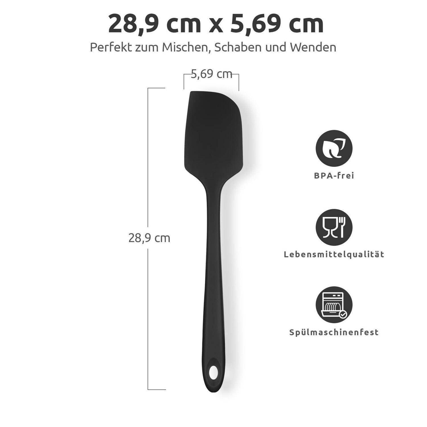 Schwarzer Silikonspatel, 28,9 cm lang und 5,69 cm breit, dargestellt mit Symbolen, die BPA-frei, lebensmittelsicher und spülmaschinenfest anzeigen.