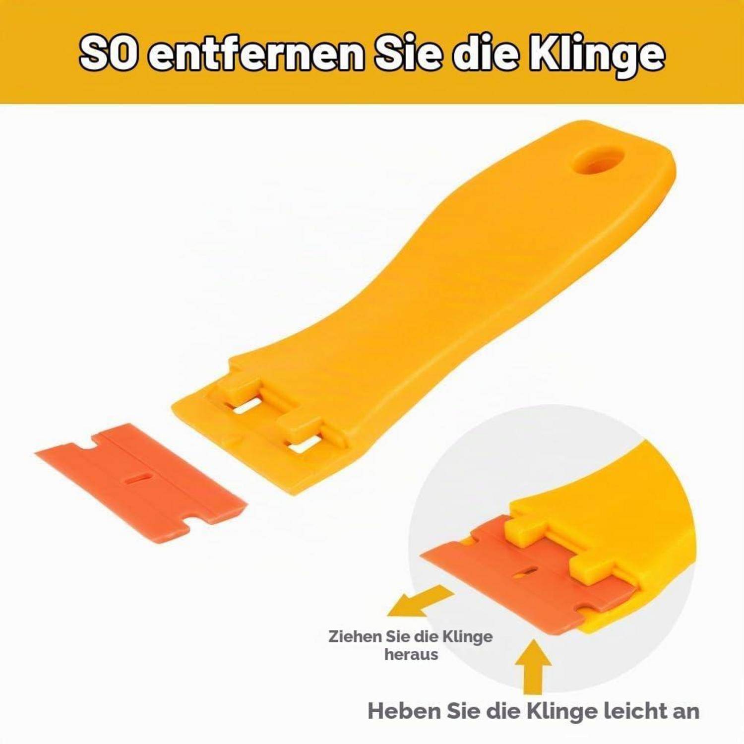 Anleitung zur Entfernung einer Rasierklinge aus einem gelben Griff; Text besagt „SO entfernen Sie die Klinge